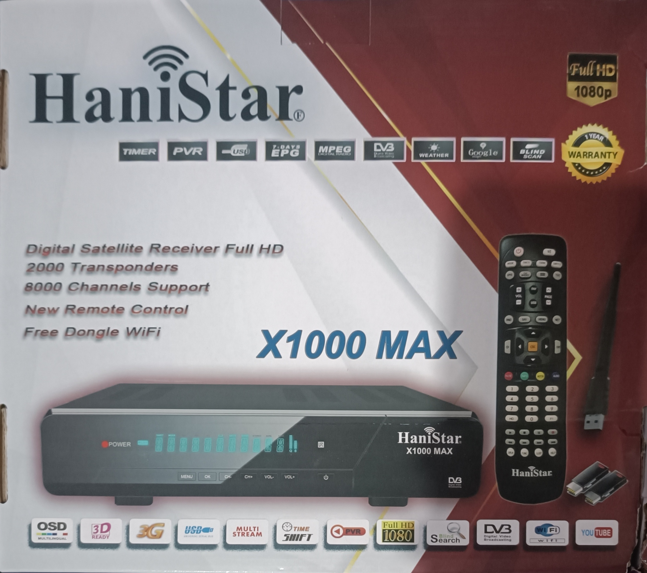 گیرنده دیجیتال هانی استار مدل  ایکس. hanistar x1000max 2026 1000 هزار مکس فول اچ دی پنل نوشتاری 2026